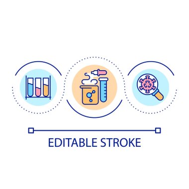 Biyokimyasal laboratuvar döngü konsepti ikonu. Tıbbi ekipman. Virüs saptama ve soyut fikir araştırması ince çizgi çizimi. İzole bir taslak çizim. Düzenlenebilir felç. Kullanılan Arial yazı tipi