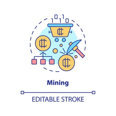 Mining concept icon. Blockchain technology. Way to make money on crypto abstract idea thin line illustration. Isolated outline drawing. Editable stroke. Arial, Myriad Pro-Bold fonts used