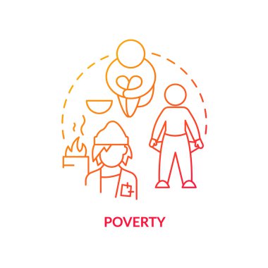Yoksulluk kırmızı gradyan konsept simgesi. Düşük yaşam kalitesi ve koşulları. Aşırı nüfus artışının nedeni soyut fikir ince çizgi çizimi. İzole bir taslak çizim. Kullanılan sayısız Pro-Kalın yazı tipi