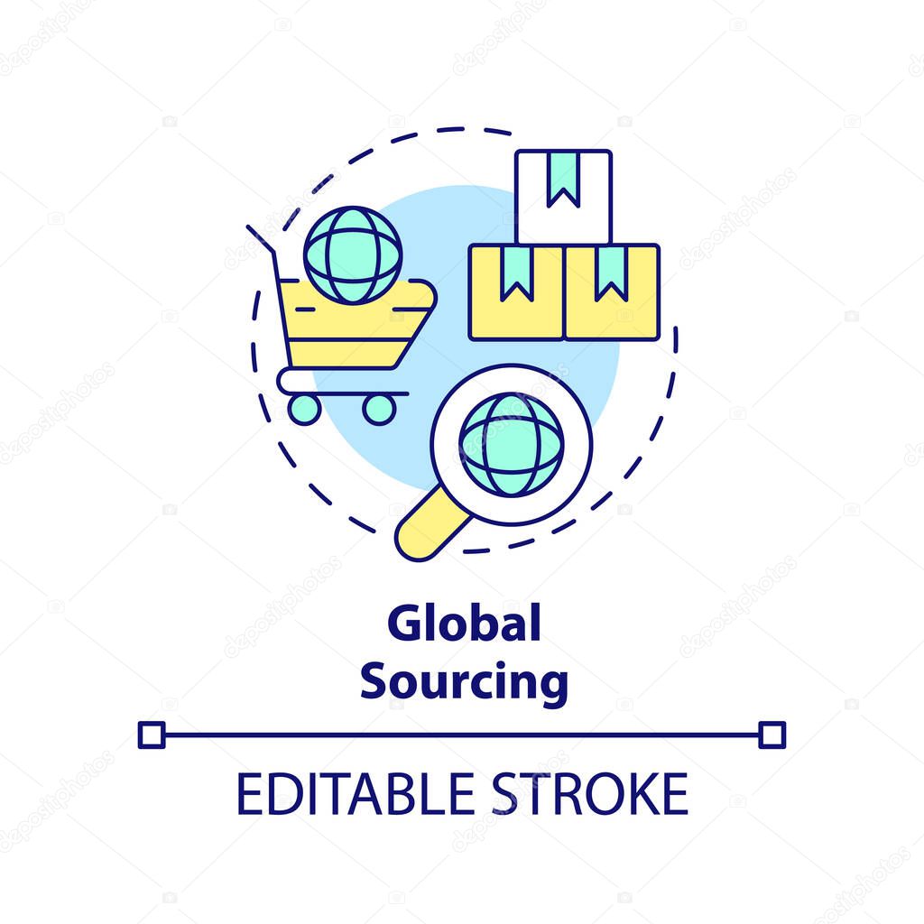 Global sourcing concept icon. Effective procurement strategy abstract idea thin line illustration. Foreign manufacturer. Isolated outline drawing. Editable stroke. Arial, Myriad Pro-Bold fonts used