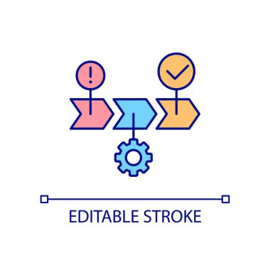 İşlem, RGB renk simgesini aşamalar. Zaman çizelgesi. Geliştirme ve işletme. Strateji ve plan. Gol başarısı. İzole vektör çizimi. Basit bir çizgi çizimi. Düzenlenebilir felç. Kullanılan Arial yazı tipi
