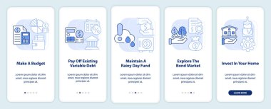 Mobil uygulama ekranındaki açık mavi enflasyon sırasında parayı korumak. Doğrusal kavramlarla birlikte düzenlenebilir 5 adımda yürü. UI, UX, GUI şablonu. Kullanılan sayısız Pro-Kalın, Düzenli yazı tipleri