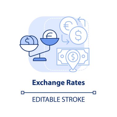 Exchange rates light blue concept icon. Foreign currency exchange. Inflation cause abstract idea thin line illustration. Isolated outline drawing. Editable stroke. Arial, Myriad Pro-Bold fonts used