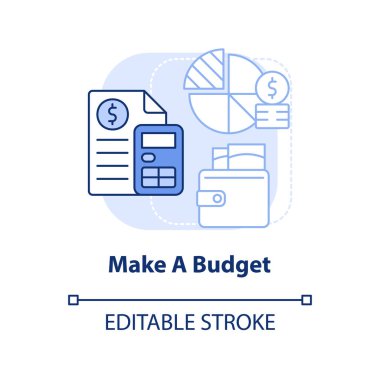 Bütçeyi açık mavi konsept simgesi yap. Masraflar. Enflasyon sırasında parayı korumak soyut fikir ince çizgi çizimi sırasında. İzole bir taslak çizim. Düzenlenebilir felç. Arial, Myriad Pro-Kalın yazı tipleri