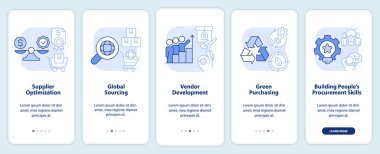 Çekirdek satın alma stratejileri seyyar uygulama ekranında açık mavi renkte. Doğrusal kavramlarla düzenlenebilir grafik yönergelerini 5 adımda gezdir. UI, UX, GUI şablonu. Kullanılan sayısız Pro-Kalın, Düzenli yazı tipleri