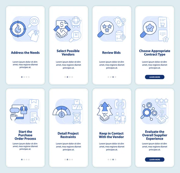 Strategic Procurement Planning Light Blue Onboarding Mobile App Screen Set — Vector de stock