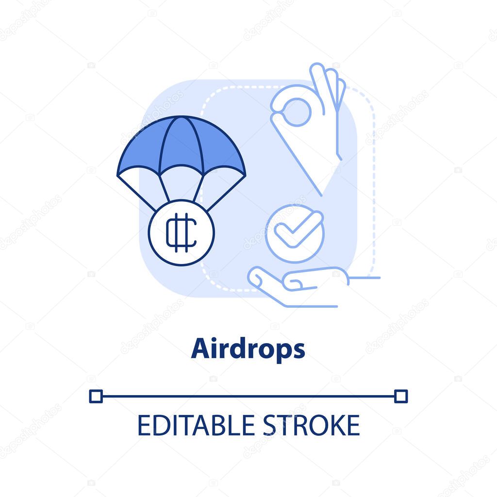 Airdrops light blue concept icon. Projects promotion. Way to make money on crypto abstract idea thin line illustration. Isolated outline drawing. Editable stroke. Arial, Myriad Pro-Bold fonts used