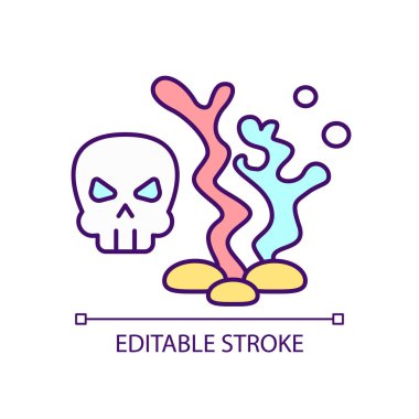 Mercan resifleri RGB renk simgesini yok etti. Deniz ekolojik sorunları. Bitkilerin ve hayvanların yok oluşu. İzole vektör çizimi. Basit bir çizgi çizimi. Düzenlenebilir felç. Kullanılan Arial yazı tipi