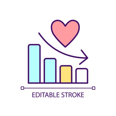 RGB renk simgesini azaltan yaşam memnuniyeti. Harita ve kalp. Yaşam kalitesinde bozulma. Eğilim. İzole vektör çizimi. Basit bir çizgi çizimi. Düzenlenebilir felç. Kullanılan Arial yazı tipi