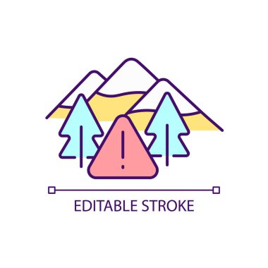Tehlikeli turist rotaları RGB renk simgesi. Dağlar karla kaplı. Tatil köyü misafirleri için farkındalık. İzole vektör çizimi. Basit bir çizgi çizimi. Düzenlenebilir felç. Kullanılan Arial yazı tipi