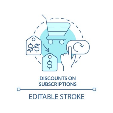 Üyeliklerde indirim turkuaz konsept simgesi. Teşvik. Pazarlama stratejisi soyut fikir ince çizgi çizimi. İzole bir taslak çizim. Düzenlenebilir felç. Arial, Myriad Pro-Kalın yazı tipleri