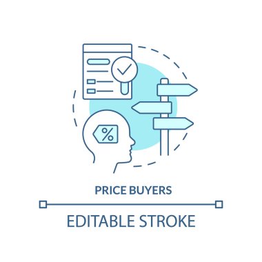Fiyat alıcıları turkuaz konsept simgesi. En düşük fiyat. Müşterilerle uğraşmak soyut fikir ince çizgi çizimi. İzole bir taslak çizim. Düzenlenebilir felç. Arial, Myriad Pro-Kalın yazı tipleri