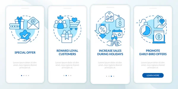 Discount Policy Blue Onboarding Mobile App Screen Marketing Procházka Kroky — Stockový vektor
