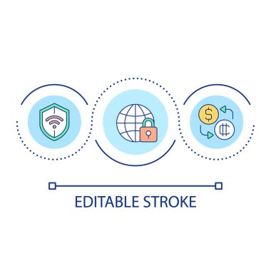 İnternet bağlantısı güvenlik döngüsü konsepti simgesi. Güvenli kripto ticareti. Engelleme ağı soyut fikir ince çizgi çizimi. İzole bir taslak çizim. Düzenlenebilir felç. Kullanılan Arial yazı tipi