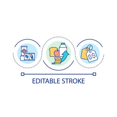 Gıda ürünleri fiyat döngüsü konseptinde yükselir. Enflasyon sonuçları. Pahalı mallar soyut fikirler ince çizgi çizimleri. İzole bir taslak çizim. Düzenlenebilir felç. Kullanılan Arial yazı tipi