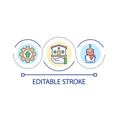 Ev yenileme döngüsü konsepti ikonu. Gayrimenkul gelişimi. Mülk yapımı ve soyut fikir incelenmesi. İzole bir taslak çizim. Düzenlenebilir felç. Kullanılan Arial yazı tipi