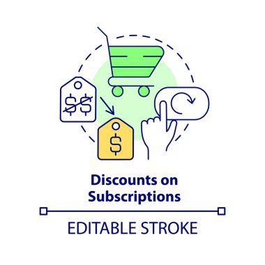 Abonelik konseptindeki indirimler. Müşteriler için teşvik. Pazarlama stratejisi soyut fikir ince çizgi çizimi. İzole bir taslak çizim. Düzenlenebilir felç. Arial, Myriad Pro-Kalın yazı tipleri