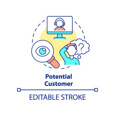 Potansiyel müşteri konsepti ikonu. Ürüne ilgi. İşletme müşterilerinin soyut fikirleri ince çizgi çizimleri. İzole bir taslak çizim. Düzenlenebilir felç. Arial, Myriad Pro-Kalın yazı tipleri