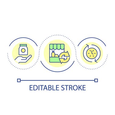 Düzenli gıda tedarik döngüsü konsepti ikonu. Ürün satın alma sözleşmesi soyut fikir ince çizgi illüstrasyon. Perakende satış mağazası. İzole bir taslak çizim. Düzenlenebilir felç. Kullanılan Arial yazı tipi