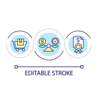 Fiyat ve kalite döngü konsepti ikonu arasındaki fark. Etkili satın alma kararları soyut fikir ince çizgili illüstrasyon. Yönetimden. İzole bir taslak çizim. Düzenlenebilir felç. Kullanılan Arial yazı tipi