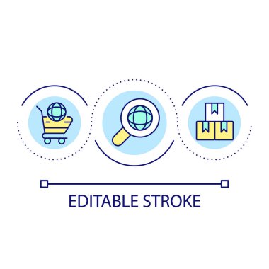 Yabancı mal döngü konsepti ikonu ithal ediliyor. Uluslararası soyut fikir ince çizgili illüstrasyon ürünleri satılıyor. Küresel pazar Tedarik zinciri. İzole bir taslak çizim. Düzenlenebilir felç. Kullanılan Arial yazı tipi