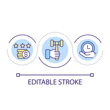 Açık arttırma olay döngüsü konsepti simgesi. Teklif süreci. Bağış toplama amacı soyut fikir ince çizgi çizimi. Para topluyorum. Mal satıyorum. İzole bir taslak çizim. Düzenlenebilir felç. Kullanılan Arial yazı tipi