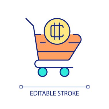 Kripto para birimi RGB renk simgesi alınıyor. Alışveriş arabası ve dijital jeton. Borsa hizmeti. İzole vektör çizimi. Basit bir çizgi çizimi. Düzenlenebilir felç. Kullanılan Arial yazı tipi