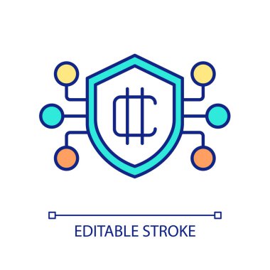 Blockchain ağ RGB renk simgesi güvenliği. Kripto para birimiyle korunan operasyonlar. Sistem muhafızı. İzole vektör çizimi. Basit bir çizgi çizimi. Düzenlenebilir felç. Kullanılan Arial yazı tipi