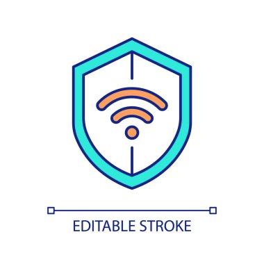 Kablosuz ağ güvenliği RGB renk simgesi. İnternet bağlantısını koru. Dijital veriyi güvende tut. İzole vektör çizimi. Basit bir çizgi çizimi. Düzenlenebilir felç. Kullanılan Arial yazı tipi