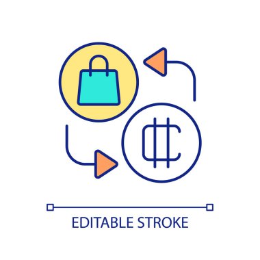 Mal ve hizmetler için kripto para birimi ile öde RGB renk simgesi. Şifreli aktarımlar. İnternetten alışveriş. İzole vektör çizimi. Basit bir çizgi çizimi. Düzenlenebilir felç. Kullanılan Arial yazı tipi