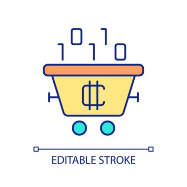 Kripto para birimi madenciliği RGB renk simgesi. Araba ve ikili kod. Engelleme teknolojisi. Dijital para. İzole vektör çizimi. Basit bir çizgi çizimi. Düzenlenebilir felç. Kullanılan Arial yazı tipi