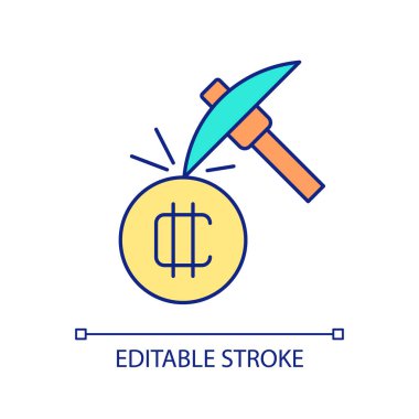 Kripto madencilik RGB renk simgesi. Dijital para ve kazma. Engelleme teknolojisi ve endüstri. İzole vektör çizimi. Basit bir çizgi çizimi. Düzenlenebilir felç. Kullanılan Arial yazı tipi