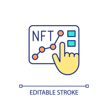 NFT oranının yükselen RGB renk simgesi analiz ediliyor. Kripto yatırımcıları için bilgi. Dijital jeton ticareti. İzole vektör çizimi. Basit bir çizgi çizimi. Düzenlenebilir felç. Kullanılan Arial yazı tipi