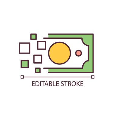Kaybolan banknot RGB renk simgesi. Değersiz para ve enflasyon. Yüksek enflasyon. Finansal kriz. İzole vektör çizimi. Basit bir çizgi çizimi. Düzenlenebilir felç. Kullanılan Arial yazı tipi