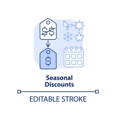 Sezonluk indirimli açık mavi konsept ikonu. Satışları arttır. Harçlıkların türü soyut fikir ince çizgi çizimi. İzole bir taslak çizim. Düzenlenebilir felç. Arial, Myriad Pro-Kalın yazı tipleri