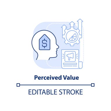Algılanan açık mavi konsept simgesi. Pazarlama sonucu. Ürün avantajı soyut fikir ince çizgi çizimi. İzole bir taslak çizim. Düzenlenebilir felç. Arial, Myriad Pro-Kalın yazı tipleri