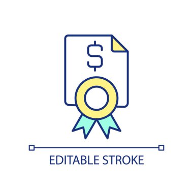 Finansal sözleşme RGB renk simgesi. Yazılı ödeme anlaşması. Yasal belge. Küçük işletme görevi. İzole vektör çizimi. Basit bir çizgi çizimi. Düzenlenebilir felç. Kullanılan Arial yazı tipi