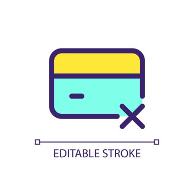 Ödeme kartı blok pikseli mükemmel RGB renk ui simgesi. Ödemeler reddedildi. Basit doldurulmuş çizgi ögesi. Mobil uygulama için UX tasarımı. Vektör izole görüntü grafiği. Düzenlenebilir felç. Kullanılan Arial yazı tipi