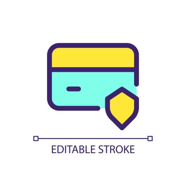 Ödeme kartı güvenlik pikseli mükemmel RGB renk ui simgesi. Kredi kartı ve rozet. Basit doldurulmuş çizgi ögesi. Mobil uygulama için UX tasarımı. Vektör izole görüntü grafiği. Düzenlenebilir felç. Kullanılan Arial yazı tipi