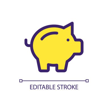 Domuz kumbarası pikseli mükemmel RGB renk ui ikonu. Tasarruf. Bozuk para. Mali işler. Basit doldurulmuş çizgi ögesi. Mobil uygulama için UX tasarımı. Vektör izole görüntü grafiği. Düzenlenebilir felç. Kullanılan Arial yazı tipi