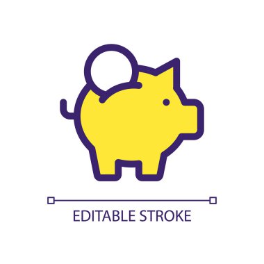 Piggy Bank pikseline para koy mükemmel RGB renk ui ikonu. İş ve finans. Basit doldurulmuş çizgi ögesi. Mobil uygulama için UX tasarımı. Vektör izole görüntü grafiği. Düzenlenebilir felç. Kullanılan Arial yazı tipi