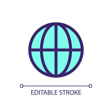 Dünya pikseli mükemmel RGB renk ui simgesi. Uluslararası hizmet. Dünya çapında sevkiyat. Basit doldurulmuş çizgi ögesi. Mobil uygulama için UX tasarımı. Vektör izole görüntü grafiği. Düzenlenebilir felç. Kullanılan Arial yazı tipi