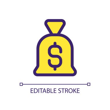 Bir çanta dolusu para piksel mükemmel RGB renk ui simgesi. Kişisel tasarruflar. Finans, bankacılık. Basit doldurulmuş çizgi ögesi. Mobil uygulama için UX tasarımı. Vektör izole görüntü grafiği. Düzenlenebilir felç. Kullanılan Arial yazı tipi