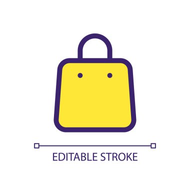 Alışveriş poşeti pikseli mükemmel RGB renk ui simgesi. Malları satın al. Alışverişcilik. Basit doldurulmuş çizgi ögesi. Mobil uygulama için UX tasarımı. Vektör izole görüntü grafiği. Düzenlenebilir felç. Kullanılan Arial yazı tipi