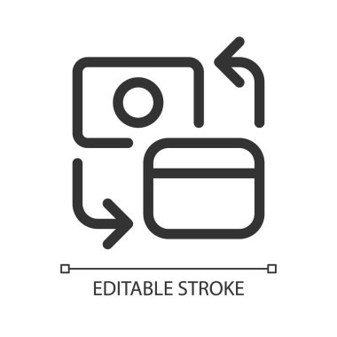 Farklı banka hesapları piksel aktarımı mükemmel doğrusal ui simgesi. Nakitten dijital paraya. GUI, UX tasarımı. Uygulama ve web için izole edilmiş kullanıcı arayüzü ögesi. Düzenlenebilir felç. Kullanılan Arial yazı tipi