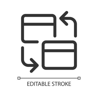 Banka içi transfer piksel mükemmel doğrusal ui simgesi. Aynı banka hesapları. Kredi kartıyla. GUI, UX tasarımı. Uygulama ve web için izole edilmiş kullanıcı arayüzü ögesi. Düzenlenebilir felç. Kullanılan Arial yazı tipi