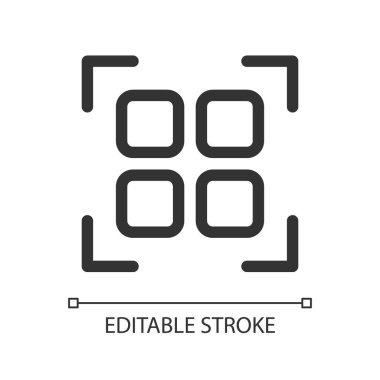 Qr kod pikselini tara mükemmel doğrusal ui simgesi. Dijital bilgiyi akıllı telefonla çöz. GUI, UX tasarımı. Uygulama ve web için izole edilmiş kullanıcı arayüzü ögesi. Düzenlenebilir felç. Kullanılan Arial yazı tipi