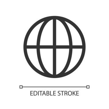 Küresel piksel mükemmel doğrusal ui simgesi. Uluslararası hizmetler. Dünya çapında sevkiyat. GUI, UX tasarımı. Uygulama ve web için izole edilmiş kullanıcı arayüzü ögesi. Düzenlenebilir felç. Kullanılan Arial yazı tipi