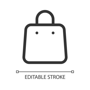 Alışveriş poşeti pikseli mükemmel doğrusal ui simgesi. Malları satın al. Alışveriş ve tüketicilik. GUI, UX tasarımı. Uygulama ve web için izole edilmiş kullanıcı arayüzü ögesi. Düzenlenebilir felç. Kullanılan Arial yazı tipi