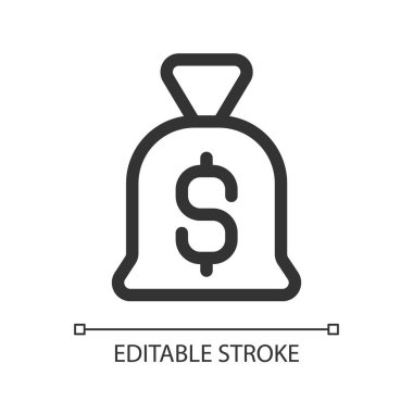 Para çantası pikseli mükemmel doğrusal ui simgesi. Kişisel tasarruflar. İş yatırımı. GUI, UX tasarımı. Uygulama ve web için izole edilmiş kullanıcı arayüzü ögesi. Düzenlenebilir felç. Kullanılan Arial yazı tipi